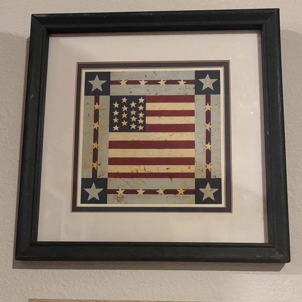 Vintage Warren Kimble Signed American Flag Art, Distressed Wooden Navy Frame